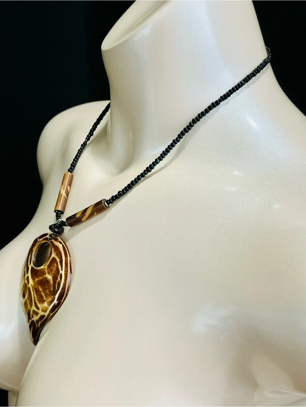 Handcrafted Brown Wooden Teardrop Pendant Necklace with Black Beaded Cord